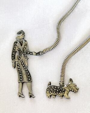 VINTAGE Art Deco Bookmark Silver Marcasite Page Clip Woman Walking Dog